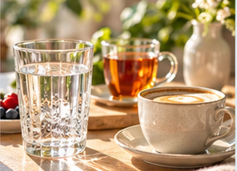 Wasser, Kaffee und Tee im warmen Morgenlicht