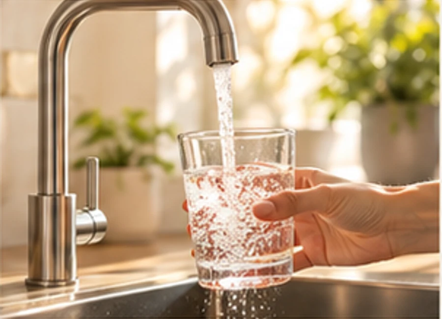 Küchenarmatur füllt ein Glas mit frischem Wasser