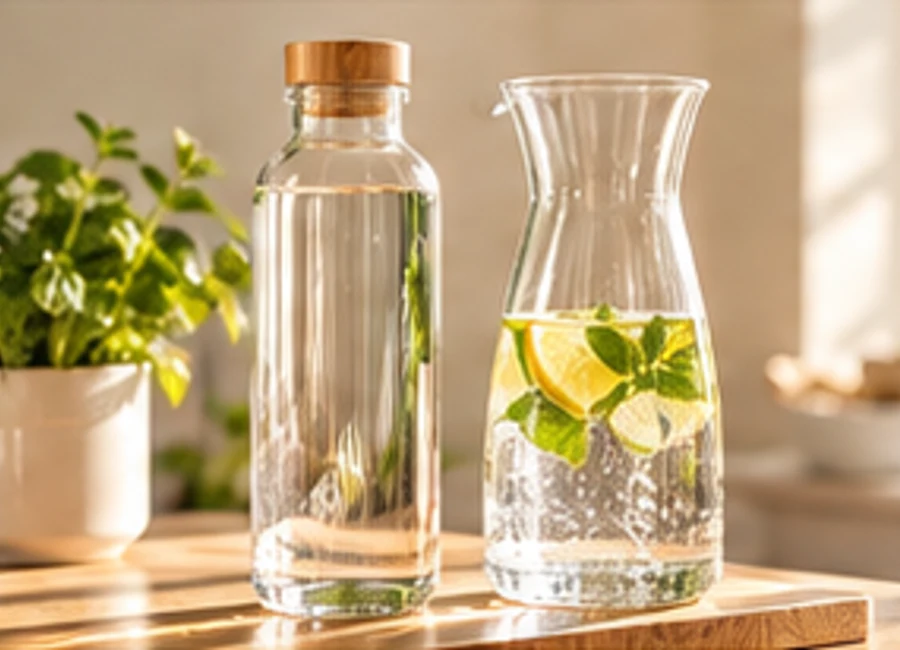 Wiederverwendbare Glasflasche und Karaffe in einer hellen Küche
