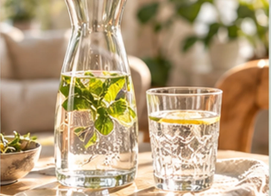Glaskaraffe und Wasserglas in einer entspannten Wohnatmosphäre